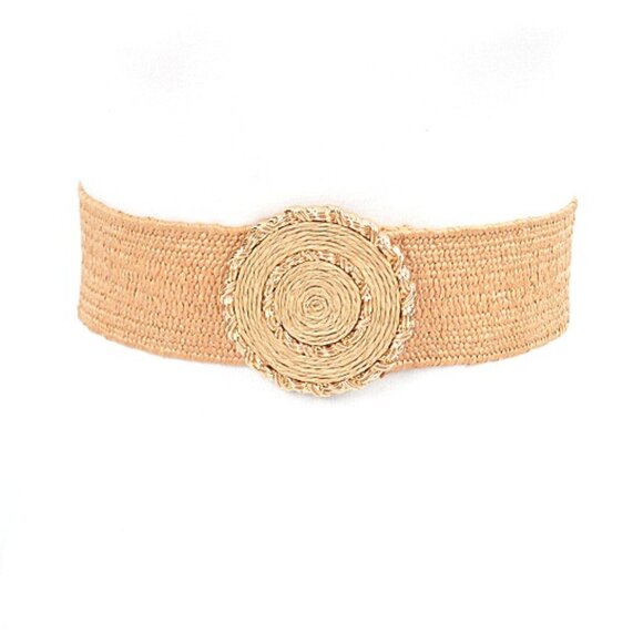 BNWT Brand New Raffia Gold Trim Buckle Faux Straw Elastic Fashion Belt - Khaki - Picture 1 of 8